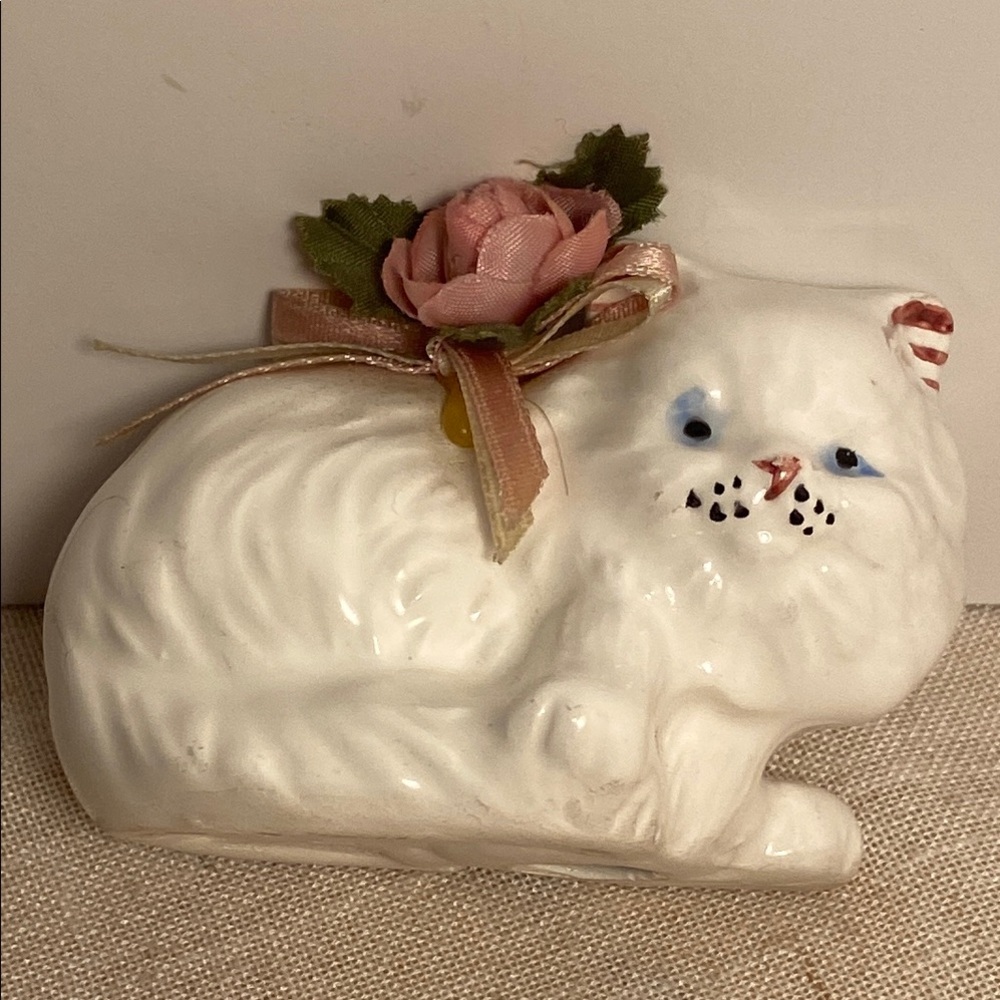 Vintage kitty White Ceramic Cat Figurine with Pink Flower blue eye 80s signed BS